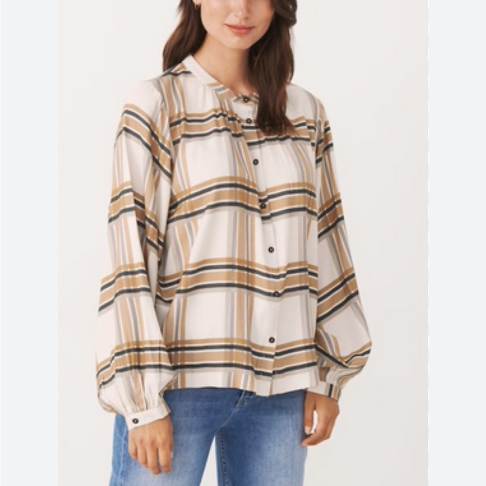 Part Two Kata Shirt Neutral Check Button Down Top Flannel Cream Sz 34 US S NEW